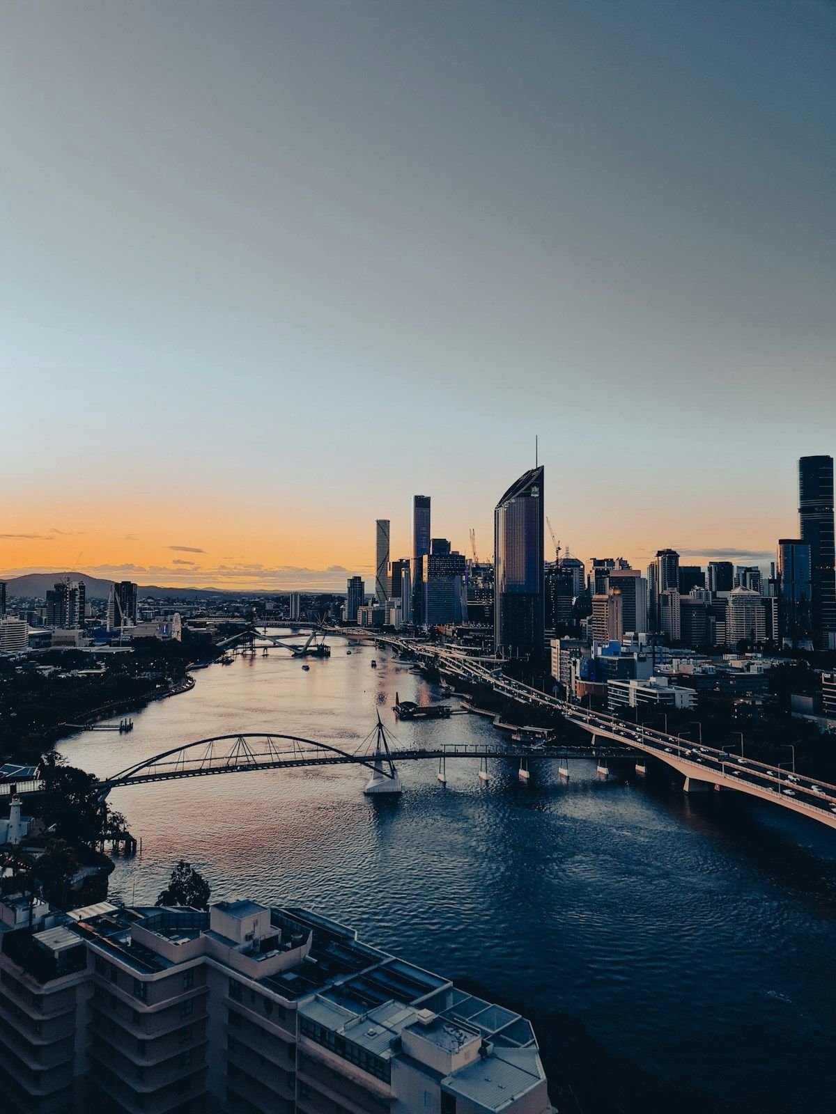 The Brisbane River and city skyline at sunset